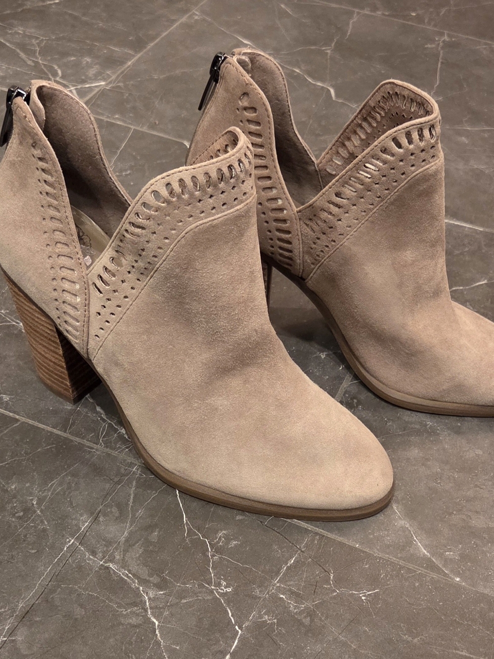 Vince Camuto Taupe Fileana Suede Cutout Ankle Booties